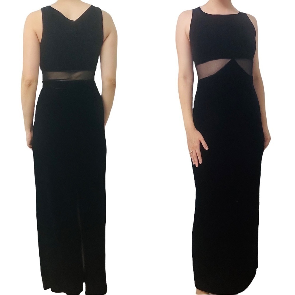 Vintage Dress 90s Velvet Black Cut Out Mesh Long Formal Minimalist Gothic Small